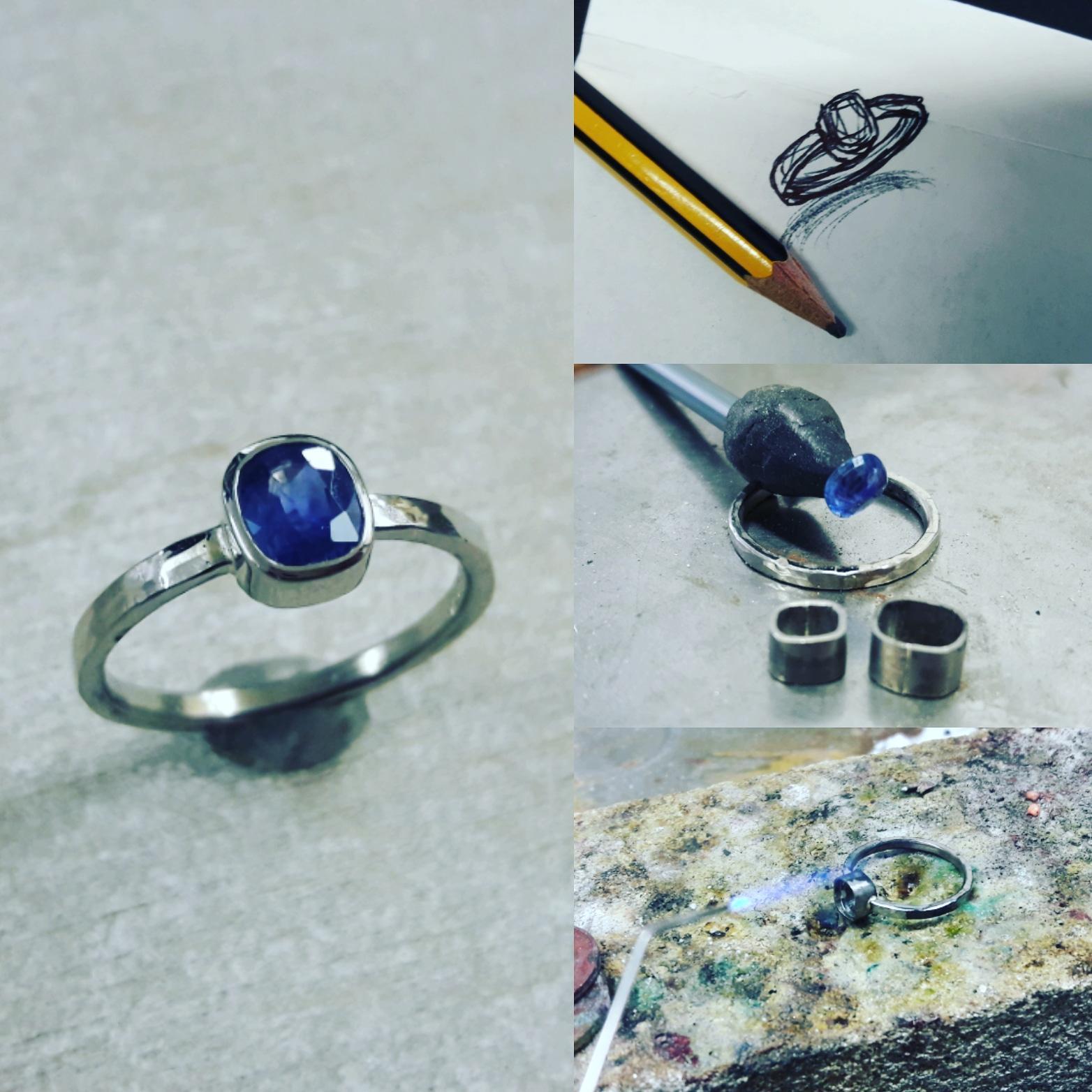 Die Entststehung eines ganz besonderen Verlobungsrings aus Weißgold mit Saphir.